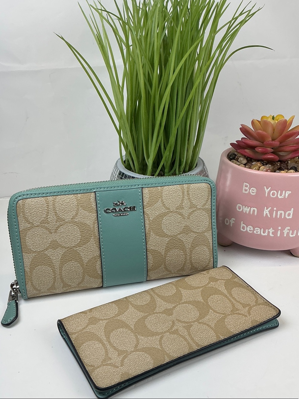 Coach Signature Canvas Zip Wallet in blue and Khaki checkbook set 2pc